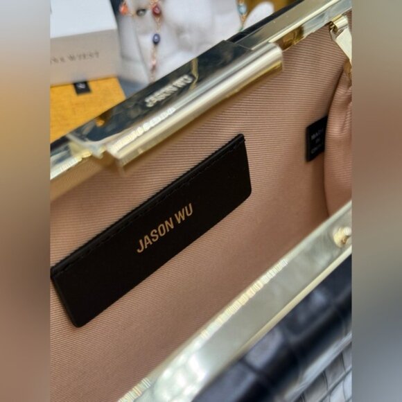 🆕 JASON WU 🧿 NWOT Black Croc Embossed Leather Clutch, with Gold Chain Strap - Picture 13 of 16